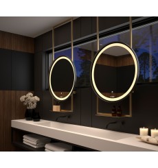 Miroir SEYCHELLES cadre en métal avec support de plafond et tablette, lumineux à LED, doré, plusieurs dimensions