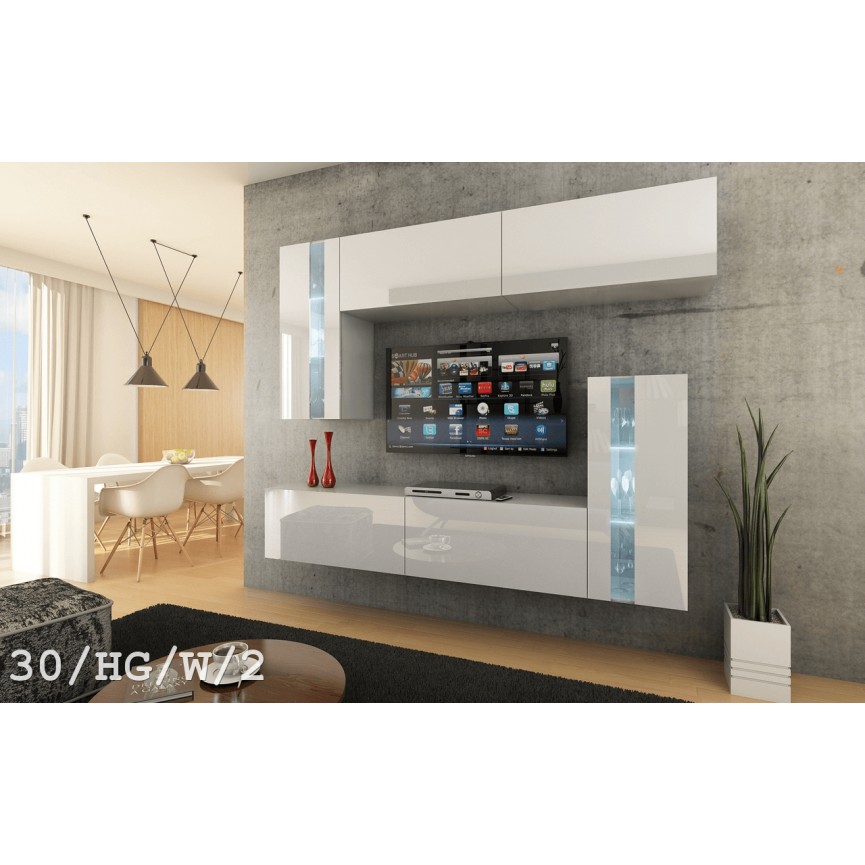 Mueble TV elegante, 200 cm, lacado blanco, iluminación LED