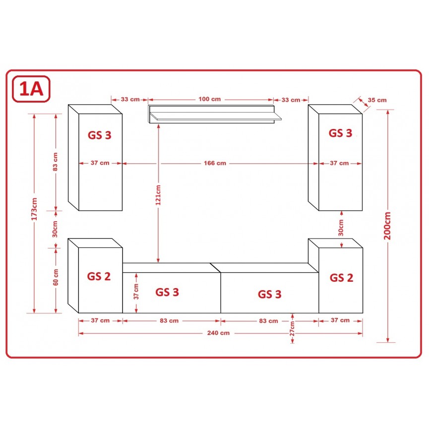 Conjunto mueble TV CONCEPT 64-64/HG/B/1-1A negro brillante 240 x 35 x 173-200  cm