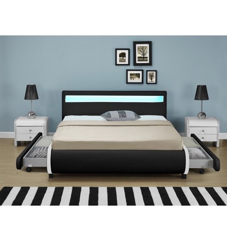 Cama con cajones de almacenamiento y LEDs CASARIA negros 140x200 cm en