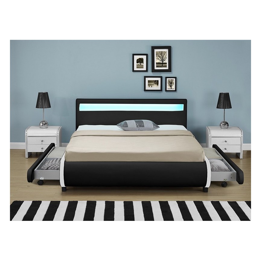 Cama con cajones de almacenamiento y LEDs CASARIA negros 140x200 cm en