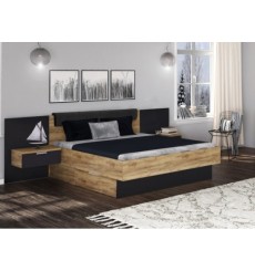 UNAL cama em lava mate e carvalho claro + gaveta de arrumação e mesas-de-cabeceira suspensas de 160 x 200 cm