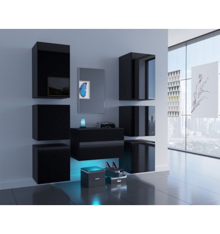 Conjunto de 7 muebles de pared y un espejo F3, negro