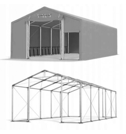 4x10 40m² tente/hangar de stockage, H. 3,65 m, 2 portes + entrée express toile PVC 600 g/m² anti-feu